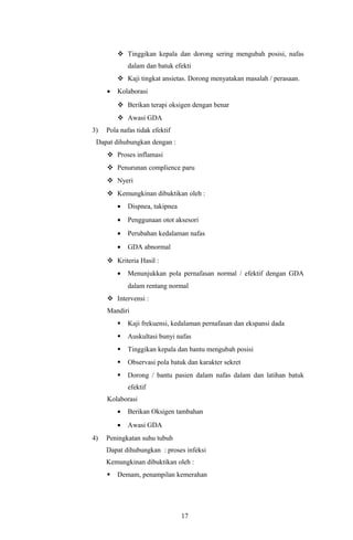  Tinggikan kepala dan dorong sering mengubah posisi, nafas
             dalam dan batuk efekti
          Kaji tingkat ansietas. Dorong menyatakan masalah / perasaan.
     •   Kolaborasi
          Berikan terapi oksigen dengan benar
          Awasi GDA
3)   Pola nafas tidak efektif
 Dapat dihubungkan dengan :
      Proses inflamasi
      Penurunan complience paru
      Nyeri
      Kemungkinan dibuktikan oleh :
         •   Dispnea, takipnea
         •   Penggunaan otot aksesori
         •   Perubahan kedalaman nafas
         •   GDA abnormal
      Kriteria Hasil :
         •   Menunjukkan pola pernafasan normal / efektif dengan GDA
             dalam rentang normal
      Intervensi :
     Mandiri
            Kaji frekuensi, kedalaman pernafasan dan ekspansi dada
            Auskultasi bunyi nafas
            Tinggikan kepala dan bantu mengubah posisi
            Observasi pola batuk dan karakter sekret
            Dorong / bantu pasien dalam nafas dalam dan latihan batuk
             efektif
     Kolaborasi
         •   Berikan Oksigen tambahan
         •   Awasi GDA
4)   Peningkatan suhu tubuh
     Dapat dihubungkan : proses infeksi
     Kemungkinan dibuktikan oleh :
        Demam, penampilan kemerahan




                                 17
 