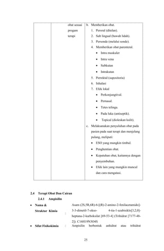 obat sesuai    b. Memberikan obat.
                                progam             1. Peroral (ditelan).
                                terapi             2. Sub lingual (bawah lidah).
                                                   3. Personde (melalui sonde).
                                                   4. Memberikan obat parenteral.
                                                       •   Intra muskuler
                                                       •   Intra vena
                                                       •   Subkutan
                                                       •   Intrakutan
                                                   5. Perrektal (supositoria)
                                                   6. Inhalasi
                                                   7. Efek lokal
                                                       •   Perkonjungtival.
                                                       •   Pernasal.
                                                       •   Tetes telinga.
                                                       •   Pada luka (antiseptik).
                                                       •   Topical (dioleskan kulit).
                                               c. Melaksanakan penyuluhan obat pada
                                                   pasien pada saat terapi dan menjelang
                                                   pulang, meliputi:
                                                   •   ESO yang mungkin timbul.
                                                   •   Penghentian obat.
                                                   •   Kepatuhan obat, kaitannya dengan
                                                       penyembuhan.
                                                   •   Efek lain yang mungkin muncul
                                                       dan cara mengatasi.




2.4     Terapi Obat Dan Cairan
        2.4.1   Ampisilin
•     Nama &                       Asam (2S,5R,6R)-6-[(R)-2-amino-2-fenilacetamido]-
      Struktur Kimia               3-3-dimetil-7-okso-           4-tia-1-azabisiklo[3,2,0]-
                            :
                                   heptana-2-karboksilat [69-53-4] (Trihidrat [7177-48-
                                   2]). C16H19N3O4S
•     Sifat Fisikokimia     :      Ampisilin berbentuk         anhidrat     atau     trihidrat



                                              25
 
