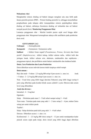 Mekanisme Aksi
Menghambat sintesis dinding sel bakteri dengan mengikat satu atau lebih pada
ikatan penisilin-protein (PBPs – Protein binding penisilin’s), sehingga menyebabkan
penghambatan pada tahapan akhir transpeptidase sintesis peptidoglikan dalam
dinding sel bakteri, akibatnya biosintesis dinding sel terhambat dan sel bakteri
menjadi pecah (lisis). Monitoring Penggunaan Obat
Lamanya penggunaan obat : Menilai kondisi pasien sejak awal hingga akhir
penggunaan obat. Mengamati kemungkinan adanya efek anafilaksis pada pemberian
dosis awal.


      GENTAMISIN 2.4.2
Golongan  : Aminoglikosida
Komposisi       : Gentamicin / Gentamisin sulfat
Indikasi       : Infeksi Gram negatif (Pseudomonas, Proteus, Serratia) dan Gram
positif (Staphylococcus), infeksi tulang, infeksi saluran nafas, infeksi kulit dan
jaringan lunak, infeksi saluran urin, abdomen, endokarditis dan septikemia ,
penggunaan topical, dan profilaksis untuk bakteri endokarditis dan tindakan bedah.
Dosis, Cara Pemberian dan Lama Pemberian
Dosis diberikan secara individu karena indek terapinya relatif sempit
Dosis umum :
Bayi dan anak < 5 tahun : 2,5 mg/kg BB setiap 8 jam secara i.v. atau i.m.       Anak
> 5 tahun : 2 - 2,5 mg/kg BB setiap 8 jam secara i.v. atau i.m.
Note : Usual dose yang lebih tinggi dan/atau frekuensi yang lebih tinggi (setiap 6
jam) yang diberikan pada kondisi klinik secara selektif ( cystic fibrosis) data serum
level yang dibutuhkan
Anak dan dewasa :
Intratekal : 4 – 8 mg/hari
Optalmik :
Salep : Dioleskan pada mata 2 – 3 kali sehari sampai setiap 3 – 4 kali
Tetes mata : Teteskan pada mata yang sakit 1 – 2 tetes setiap 2 – 4 jam, naikan 2tetes
setiap jam untuk infeksi parah
Topikal :
Salep : Salep dioleskan pada kulit yang sakit 3 – 4 kali sehari
Dewasa : Diberikan secara i. v. atau i. m.
Konfensional : 1 – 2,5 mg/kg BB/ dosis setiap 8 – 12 jam untuk mendapatkan kadar
puncak secara cepat pada terapi, dosis inisial yang lebih tinggi dapat diberikan




                                             30
 