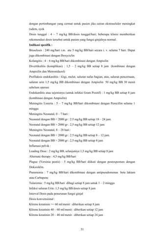 dengan pertimbangan yang cermat untuk pasien jika cairan ekstraseluler meningkat
(udem, syok
Dosis tunggal : 4 – 7 mg/kg BB/dosis tunggal/hari; beberapa klinisi memberikan
rekomendasi dosis tersebut untuk pasien yang fungsi ginjalnya normal.
Indikasi spesifik :
Bruselosis : 240 mg/hari i.m. atu 5 mg/kg BB/hari secara i. v. selama 7 hari. Dapat
juga dikombinasi dengan Doxyciclin
Kolangitis : 4 – 6 mg/kg BB/hari dikombinasi dengan Ampisilin
Divertikulitis (komplikasi) : 1,5 – 2 mg/kg BB setiap 8 jam (kombinasi dengan
Ampisilin dan Metronidazol)
Profilaksis endokarditis : Gigi, mulut, saluran nafas bagian, atas, saluran pencernaan,
saluran urin 1,5 mg/kg BB dikombinasi dengan Ampisilin 50 mg/kg BB 30 menit
sebelum operasi
Endokarditis atau sejenisnya (untuk infeksi Gram Positif) : 1 mg/kg BB setiap 8 jam
(kombinasi dengan Ampisilin)
Meningitis Listeria : 5 – 7 mg/kg BB/hari dikombinasi dengan Penicillin selama 1
minggu
Meningitis Neonatal, 0 – 7 hari :
Neonatal dengan BB < 2000 gr : 2.5 mg/kg BB setiap 18 – 24 jam.
Neonatal dengan BB > 2000 gr : 2,5 mg/kg BB setiap 12 jam
Meningitis Neonatal, 8 – 28 hari :
Neonatal dengan BB < 2000 gr : 2.5 mg/kg BB setiap 8 – 12 jam.
Neonatal dengan BB > 2000 gr : 2,5 mg/kg BB setiap 8 jam
Inflamasi pelvik :
Loading Dose : 2 mg/kg BB, selanjutnya 1,5 mg/kg BB setiap 8 jam
Alternate therapy : 4,5 mg/kg BB/hari
Plague (Yersinia pestis) : 5 mg/kg BB/hari diikuti dengan postexposture dengan
Doksisiklin.
Pneumonia : 7 mg/kg BB/hari dikombinasi dengan antipseudomonas beta laktam
atau Carbapene
Tularemia : 5 mg/kg BB/hari dibagi setiap 8 jam untuk 1 – 2 minggu
Infeksi saluran Urin :1,5 mg/kg BB/dosis setiap 8 jam
Interval Dosis pada penurunan fungsi ginjal
Dosis konvensional :
Klirens kreatinin >= 60 ml/menit : diberikan setiap 8 jam
Klirens kreatinin 40 – 60 ml/menit : diberikan setiap 12 jam
Klirens kreatinin 20 – 40 ml/menit : diberikan setiap 24 jam



                                          31
 