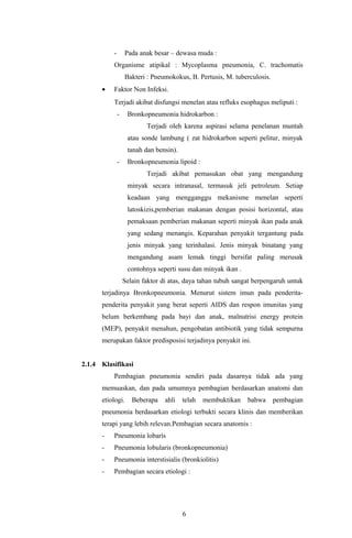 -       Pada anak besar – dewasa muda :
          Organisme atipikal : Mycoplasma pneumonia, C. trachomatis
                  Bakteri : Pneumokokus, B. Pertusis, M. tuberculosis.
      •   Faktor Non Infeksi.
          Terjadi akibat disfungsi menelan atau refluks esophagus meliputi :
              -    Bronkopneumonia hidrokarbon :
                          Terjadi oleh karena aspirasi selama penelanan muntah
                   atau sonde lambung ( zat hidrokarbon seperti pelitur, minyak
                   tanah dan bensin).
              -    Bronkopneumonia lipoid :
                          Terjadi akibat pemasukan obat yang mengandung
                   minyak secara intranasal, termasuk jeli petroleum. Setiap
                   keadaan yang mengganggu mekanisme menelan seperti
                   latoskizis,pemberian makanan dengan posisi horizontal, atau
                   pemaksaan pemberian makanan seperti minyak ikan pada anak
                   yang sedang menangis. Keparahan penyakit tergantung pada
                   jenis minyak yang terinhalasi. Jenis minyak binatang yang
                   mengandung asam lemak tinggi bersifat paling merusak
                   contohnya seperti susu dan minyak ikan .
                  Selain faktor di atas, daya tahan tubuh sangat berpengaruh untuk
      terjadinya Bronkopneumonia. Menurut sistem imun pada penderita-
      penderita penyakit yang berat seperti AIDS dan respon imunitas yang
      belum berkembang pada bayi dan anak, malnutrisi energy protein
      (MEP), penyakit menahun, pengobatan antibiotik yang tidak sempurna
      merupakan faktor predisposisi terjadinya penyakit ini.


2.1.4 Klasifikasi
          Pembagian pneumonia sendiri pada dasarnya tidak ada yang
      memuaskan, dan pada umumnya pembagian berdasarkan anatomi dan
      etiologi.      Beberapa    ahli   telah   membuktikan   bahwa      pembagian
      pneumonia berdasarkan etiologi terbukti secara klinis dan memberikan
      terapi yang lebih relevan.Pembagian secara anatomis :
      -   Pneumonia lobaris
      -   Pneumonia lobularis (bronkopneumonia)
      -   Pneumonia interstisialis (bronkiolitis)
      -   Pembagian secara etiologi :




                                        6
 