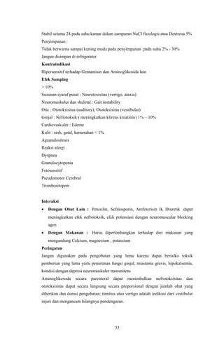 Stabil selama 24 pada suhu kamar dalam campuran NaCl fisiologis atau Dextrosa 5%
Penyimpanan :
Tidak berwarna sampai kuning muda pada penyimpanan pada suhu 2% - 30%
Jangan disimpan di refrigerator
Kontraindikasi
Hipersensitif terhadap Gentamisin dan Aminoglikosida lain
Efek Samping
> 10%
Susunan syaraf pusat : Neurotosisitas (vertigo, ataxia)
Neuromuskuler dan skeletal : Gait instability
Otic : Ototoksisitas (auditory), Ototoksisitas (vestibular)
Ginjal : Nefrotoksik ( meningkatkan klirens kreatinin) 1% – 10%
Cardiovaskuler : Edeme
Kulit : rash, gatal, kemerahan < 1%
Agranulositosis
Reaksi alergi
Dyspnea
Granulocytopenia
Fotosensitif
Pseudomotor Cerebral
Trombositopeni


Interaksi
•   Dengan Obat Lain : Penisilin, Sefalosporin, Amfoterisin B, Diuretik dapat
    meningkatkan efek nefrotoksik, efek potensiasi dengan neuromuscular blocking
    agen
•   Dengan Makanan : Harus dipertimbangkan terhadap diet makanan yang
    mengandung Calcium, magnesium , potassium
Peringatan
Jangan digunakan pada pengobatan yang lama karena dapat berisiko toksik
pemberian yang lama yaitu penurunan fungsi ginjal, miastenia gravis, hipokalsemia,
kondisi dengan depresi neuromuskuler transmitens
Aminoglikosoda      secara   parenteral   dapat    menimbulkan    nefrotoksisitas   dan
ototoksisitas dapat secara langsung secara proporsional dengan jumlah obat yang
diberikan dan durasi pengobatan; tinnitus atau vertigo adalah indikasi dari vestibular
injuri dan mengancam hilangnya pendengaran.




                                           33
 