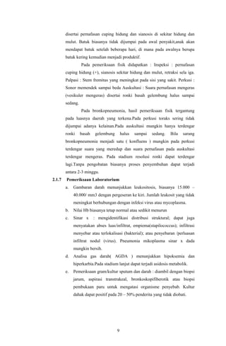 disertai pernafasan cuping hidung dan sianosis di sekitar hidung dan
        mulut. Batuk biasanya tidak dijumpai pada awal penyakit,anak akan
        mendapat batuk setelah beberapa hari, di mana pada awalnya berupa
        batuk kering kemudian menjadi produktif.
                  Pada pemeriksaan fisik didapatkan : Inspeksi : pernafasan
        cuping hidung (+), sianosis sekitar hidung dan mulut, retraksi sela iga.
        Palpasi : Stem fremitus yang meningkat pada sisi yang sakit. Perkusi :
        Sonor memendek sampai beda Auskultasi : Suara pernafasan mengeras
        (vesikuler mengeras) disertai ronki basah gelembung halus sampai
        sedang.
                  Pada bronkopneumonia, hasil pemeriksaan fisik tergantung
        pada luasnya daerah yang terkena.Pada perkusi toraks sering tidak
        dijumpai adanya kelainan.Pada auskultasi mungkin hanya terdengar
        ronki     basah   gelembung       halus   sampai   sedang.   Bila   sarang
        bronkopneumonia menjadi satu ( konfluens ) mungkin pada perkusi
        terdengar suara yang meredup dan suara pernafasan pada auskultasi
        terdengar mengeras. Pada stadium resolusi ronki dapat terdengar
        lagi.Tanpa pengobatan biasanya proses penyembuhan dapat terjadi
        antara 2-3 minggu.
2.1.7   Pemeriksaan Laboratorium
        a.   Gambaran darah menunjukkan leukositosis, biasanya 15.000 –
             40.000/ mm3 dengan pergeseran ke kiri. Jumlah leukosit yang tidak
             meningkat berhubungan dengan infeksi virus atau mycoplasma.
        b.   Nilai Hb biasanya tetap normal atau sedikit menurun
        c.   Sinar x      : mengidentifikasi distribusi struktural; dapat juga
             menyatakan abses luas/infiltrat, empiema(stapilococcus); infiltrasi
             menyebar atau terlokalisasi (bakterial); atau penyebaran /perluasan
             infiltrat nodul (virus). Pneumonia mikoplasma sinar x dada
             mungkin bersih.
        d.   Analisa gas darah( AGDA ) menunjukkan hipoksemia dan
             hiperkarbia.Pada stadium lanjut dapat terjadi asidosis metabolik.
        e.   Pemeriksaan gram/kultur sputum dan darah : diambil dengan biopsi
             jarum, aspirasi transtrakeal, bronkoskopifiberotik atau biopsi
             pembukaan paru untuk mengatasi organisme penyebab. Kultur
             dahak dapat positif pada 20 – 50% penderita yang tidak diobati.




                                      9
 