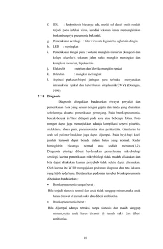 f.   JDL      : leukositosis biasanya ada, meski sel darah putih rendah
           terjadi pada infeksi virus, kondisi tekanan imun memungkinkan
           berkembangnya pneumonia bakterial.
      g.   Pemeriksaan serologi      : titer virus atu legionella, aglutinin dingin.
      h.   LED     : meningkat
      i.   Pemeriksaan fungsi paru : volume mungkin menurun (kongesti dan
           kolaps alveolar); tekanan jalan nafas mungkin meningkat dan
           komplain menurun, hipoksemia.
      j.   Elektrolit         : natrium dan klorida mungkin rendah
      k.   Bilirubin          : mungkin meningkat
      l.   Aspirasi perkutan/biopsi jaringan paru terbuka              :menyatakan
           intranuklear tipikal dan keterlibatan sitoplasmik(CMV) (Doenges,
           1999)
2.1.8 Diagnosis
                 Diagnosis ditegakkan berdasarkan riwayat penyakit dan
      pemeriksaan fisik yang sesuai dengan gejala dan tanda yang diuraikan
      sebelumnya disertai pemeriksaan penunjang. Pada bronkopneumonia,
      bercak-bercak infiltrat didapati pada satu atau beberapa lobus. Foto
      rontgen dapat juga menunjukkan adanya komplikasi seperti pleuritis,
      atelektasis, abses paru, pneumotoraks atau perikarditis. Gambaran ke
      arah sel polimorfonuklear juga dapat dijumpai. Pada bayi-bayi kecil
      jumlah leukosit dapat berada dalam batas yang normal. Kadar
      hemoglobin          biasanya   normal      atau     sedikit     menurun(1,2).
      Diagnosis etiologi dibuat berdasarkan pemeriksaan mikrobiologi
      serologi, karena pemeriksaan mikrobiologi tidak mudah dilakukan dan
      bila dapat dilakukan kuman penyebab tidak selalu dapat ditemukan.
      Oleh karena itu WHO mengajukan pedoman diagnosa dan tata laksana
      yang lebih sederhana. Berdasarkan pedoman tersebut bronkopneumonia
      dibedakan berdasarkan :
      •    Bronkopneumonia sangat berat :
       Bila terjadi sianosis sentral dan anak tidak sanggup minum,maka anak
           harus dirawat di rumah sakit dan diberi antibiotika.
      •    Bronkopneumonia berat :
       Bila dijumpai adanya retraksi, tanpa sianosis dan masih sanggup
           minum,maka anak harus dirawat di rumah sakit dan diberi
           antibiotika.




                                     10
 