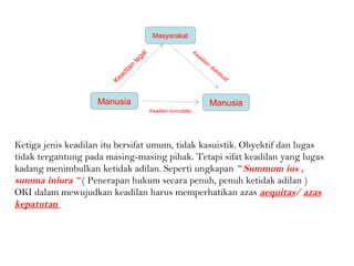 Ketiga jenis keadilan itu bersifat umum, tidak kasuistik. Obyektif dan lugas
tidak tergantung pada masing-masing pihak. Tetapi sifat keadilan yang lugas
kadang menimbulkan ketidak adilan. Seperti ungkapan “ Summum ius ,
summa iniura “ ( Penerapan hukum secara penuh, penuh ketidak adilan )
OKI dalam mewujudkan keadilan harus memperhatikan azas aequitas/ azas
kepatutan
Masyarakat
ManusiaManusia
Keadilan
legal
Keadilan komutatip
Keadilan
distributif
 