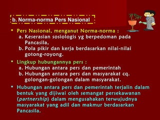 b. Norma-norma Pers Nasional
 Pers Nasional, menganut Norma-norma :
    a. Keserasian sosiologis yg berpedoman pada
       Pancasila,
    b. Pola pikir dan kerja berdasarkan nilai-nilai
       gotong-royong.
 Lingkup hubungannya pers :
    a. Hubungan antara pers dan pemerintah
    b. Hubungan antara pers dan masyarakat cq.
       golongan-golongan dalam masyarakat.
 Hubungan antara pers dan pemerintah terjalin dalam
  bentuk yang dijiwai oleh semangat persekawanan
  ( partnership ) dalam mengusahakan terwujudnya
  masyarakat yang adil dan makmur berdasarkan
  Pancasila.
 