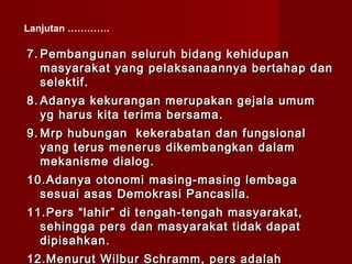 Lanjutan ………….

7. Pembangunan seluruh bidang kehidupan
   masyarakat yang pelaksanaannya bertahap dan
   selektif.
8. Adanya kekurangan merupakan gejala umum
   yg harus kita terima bersama.
9. Mrp hubungan kekerabatan dan fungsional
   yang terus menerus dikembangkan dalam
   mekanisme dialog.
10. Adanya otonomi masing-masing lembaga
  sesuai asas Demokrasi Pancasila.
11. Pers “lahir” di tengah-tengah masyarakat,
  sehingga pers dan masyarakat tidak dapat
  dipisahkan.
12. Menurut Wilbur Schramm, pers adalah
 