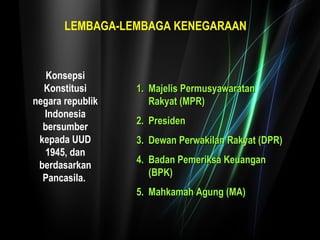 LEMBAGA-LEMBAGA KENEGARAAN 
11.. MMaajjeelliiss PPeerrmmuussyyaawwaarraattaann 
RRaakkyyaatt ((MMPPRR)) 
22.. PPrreessiiddeenn 
33.. DDeewwaann PPeerrwwaakkiillaann RRaakkyyaatt ((DDPPRR)) 
44.. BBaaddaann PPeemmeerriikkssaa KKeeuuaannggaann 
((BBPPKK)) 
55.. MMaahhkkaammaahh AAgguunngg ((MMAA)) 
Konsepsi 
Konstitusi 
negara republik 
Indonesia 
bersumber 
kepada UUD 
1945, dan 
berdasarkan 
Pancasila. 
 