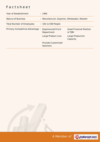 F a c t s h e e t 
Year of Establishment : 1945 
Nature of Business : Manufacturer, Exporter, Wholesaler, Retailer 
Total Number of Employees : 101 to 500 People 
Primary Competitive Advantage : Experienced R & D 
Department 
Good Financial Position 
& TQM 
Large Product Line Large Production 
Capacity 
Provide Customized 
Solutions 
A Member of 
 