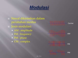  Sinyal dikirimkan dalam
perubahan modus
 Jenis modulasi:
 AM : amplitude
 FM : frequency
 PM : phase
 CM : complex
IK 1713
AM
FM
PM
Carrier
 