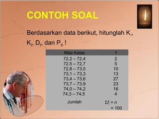 CONTOH SOAL
Berdasarkan data berikut, hitunglah K1,
K3, D6, dan P50 !
               Nilai Kelas        f
               72,2 – 72,4        2
               72,5 – 72,7        5
               72,8 – 73,0       10
               73,1 – 73,3       13
               73,4 – 73,6       27
               73,7 – 73,9       23
               74,0 – 74,2       16
               74,3 – 74,5        4
                    Jumlah   Σfi = n
                                 = 100
 