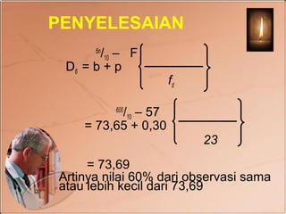 PENYELESAIAN
       /10 – F
      6n

 D6 = b + p
                     fd

          /10 – 57
           600

    = 73,65 + 0,30
                          23
     = 73,69
Artinya nilai 60% dari observasi sama
atau lebih kecil dari 73,69
 