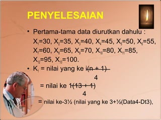 PENYELESAIAN
• Pertama-tama data diurutkan dahulu :
  X1=30, X2=35, X3=40, X4=45, X5=50, X6=55,
  X7=60, X8=65, X9=70, X10=80, X11=85,
  X12=95, X13=100.
• K1 = nilai yang ke i(n + 1)
                          4
     = nilai ke 1(13 + 1)
                     4
   = nilai ke-3½ (nilai yang ke 3+½(Data4-Dt3),
 