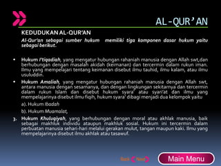 AL-QUR’AN
KEDUDUKANAL-QUR’AN
Al-Qur’an sebagai sumber hukum memiliki tiga komponen dasar hukum yaitu
sebagai berikut.
 Hukum I’tiqadiah, yang mengatur hubungan rahaniah manusia dengan Allah swt,dan
berhubungan dengan masalah akidah (keimanan) dan tercermin dalam rukun iman.
Ilmu yang mempelajari tentang keimanan disebut ilmu tauhid, ilmu kalam, atau ilmu
usuluddin.
 Hukum Amaliah, yang mengatur hubungan rahaniah manusia dengan Allah swt,
antara manusia dengan sesamanya, dan dengan lingkungan sekitarnya dan tercermin
dalam rukun Islam dan disebut hukum syara’ atau syari’at dan ilmu yang
mempelajarinya disebut ilmu fiqih, hukum syara’ dibagi menjadi dua kelompok yaitu
a). Hukum Ibadah
b). Hukum Muamalat,
3. Hukum Khuluqiyah, yang berhubungan dengan moral atau akhlak manusia, baik
sebagai makhluk individu ataupun makhluk sosial. Hukum ini tercermin dalam
perbuatan manusia sehari-hari melalui gerakan mulut, tangan maupun kaki. Ilmu yang
mempelajarinya disebut ilmu akhlak atau tasawuf.
Main Menu
 