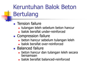Keruntuhan Balok Beton
Bertulang
 Tension failure
 tulangan leleh sebelum beton hancur
 balok bersifat under-reinforced
 Compression failure
 beton hancur sebelum tulangan leleh
 balok bersifat over-reinforced
 Balanced failure
 beton hancur dan tulangan leleh secara
bersamaan
 balok bersifat balanced-reinforced
 