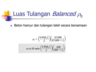 Luas Tulangan Balanced b
 Beton hancur dan tulangan leleh secara bersamaan
 