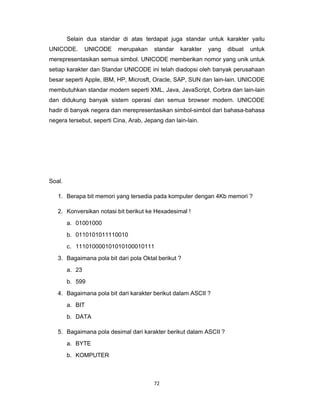 72 
 
Selain dua standar di atas terdapat juga standar untuk karakter yaitu
UNICODE. UNICODE merupakan standar karakter yang dibuat untuk
merepresentasikan semua simbol. UNICODE memberikan nomor yang unik untuk
setiap karakter dan Standar UNICODE ini telah diadopsi oleh banyak perusahaan
besar seperti Apple, IBM, HP, Microsft, Oracle, SAP, SUN dan lain-lain. UNICODE
membutuhkan standar modern seperti XML, Java, JavaScript, Corbra dan lain-lain
dan didukung banyak sistem operasi dan semua browser modern. UNICODE
hadir di banyak negera dan merepresentasikan simbol-simbol dari bahasa-bahasa
negera tersebut, seperti Cina, Arab, Jepang dan lain-lain.
Soal.
1. Berapa bit memori yang tersedia pada komputer dengan 4Kb memori ?
2. Konversikan notasi bit berikut ke Hexadesimal !
a. 01001000
b. 0110101011110010
c. 111010000101010100010111
3. Bagaimana pola bit dari pola Oktal berikut ?
a. 23
b. 599
4. Bagaimana pola bit dari karakter berikut dalam ASCII ?
a. BIT
b. DATA
5. Bagaimana pola desimal dari karakter berikut dalam ASCII ?
a. BYTE
b. KOMPUTER
 