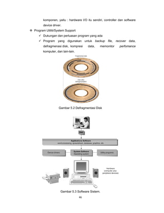46 
 
komponen, yaitu : hardware I/O itu sendiri, controller dan software
device driver.
Program Utiliti/System Support
Dukungan dan perluasan program yang ada
Program yang digunakan untuk backup file, recover data,
defragmenasi disk, kompresi data, memonitor perfomance
komputer, dan lain-lain.
Gambar 5.2 Defragmentasi Disk
Gambar 5.3 Software Sistem.
 