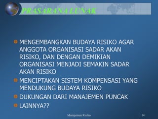 Manajemen Risiko 14
PRASARANA LUNAK
MENGEMBANGKAN BUDAYA RISIKO AGAR
ANGGOTA ORGANISASI SADAR AKAN
RISIKO, DAN DENGAN DEMIKIAN
ORGANISASI MENJADI SEMAKIN SADAR
AKAN RISIKO
MENCIPTAKAN SISTEM KOMPENSASI YANG
MENDUKUNG BUDAYA RISIKO
DUKUNGAN DARI MANAJEMEN PUNCAK
LAINNYA??
 