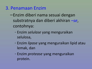 3. Penamaan Enzim
–Enzim diberi nama sesuai dengan
substratnya dan diberi akhiran –se,
contohnya:
- Enzim selulase yang menguraikan
selulosa,
- Enzim lipase yang menguraikan lipid atau
lemak, dan
- Enzim protease yang menguraikan
protein.
 