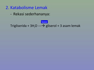 2. Katabolisme Lemak
- Rekasi sederhananya:
Trigliserida + 3H2O --- gliserol + 3 asam lemak
lipase
 