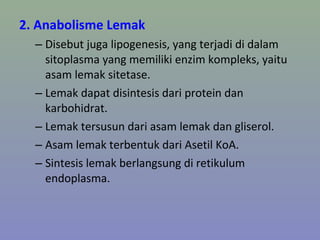 2. Anabolisme Lemak
– Disebut juga lipogenesis, yang terjadi di dalam
sitoplasma yang memiliki enzim kompleks, yaitu
asam lemak sitetase.
– Lemak dapat disintesis dari protein dan
karbohidrat.
– Lemak tersusun dari asam lemak dan gliserol.
– Asam lemak terbentuk dari Asetil KoA.
– Sintesis lemak berlangsung di retikulum
endoplasma.
 