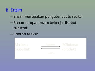B. Enzim
–Enzim merupakan pengatur suatu reaksi
–Bahan tempat enzim bekerja disebut
substrat
–Contoh reaksi:
Maltosa 2Glukosa
(substrat) (produk)
Maltase
(enzim)
 