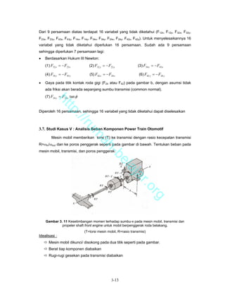 Dari 9 persamaan diatas terdapat 16 variabel yang tidak diketahui (F12x, F12y, F32x, F32y,
F23x, F23y, F43x, F43y, F14x, F14y, F34x, F34y, F24x, F24y, F42x, F42y). Untuk menyelesaikannya 16
variabel yang tidak diketahui diperlukan 16 persamaan. Sudah ada 9 persamaan
sehingga diperlukan 7 persamaan lagi:
•   Berdasarkan Hukum III Newton:
    (1) F32 x = − F23 x          (2) F32 y = − F23 y             (3) F34 x = − F43 x

    (4) F34 y = − F43 y          (5) F42 x = − F24 x             (6) F42 y = − F24 y

•   Gaya pada titik kontak roda gigi (F24 atau F42) pada gambar b, dengan asumsi tidak
    ada friksi akan berada sepanjang sumbu transmisi (common normal).
    (7) F24 y = F24 x tan φ
          ht
             tp


Diperoleh 16 persamaan, sehingga 16 variabel yang tidak diketahui dapat diselesaikan
               ://
                  ru


3.7. Studi Kasus V : Analisis Beban Komponen Power Train Otomotif
                               m


        Mesin mobil memberikan torsi (T) ke transmisi dengan rasio kecepatan transmisi
                                ah


R=ωin/ωout dan ke poros penggerak seperti pada gambar di bawah. Tentukan beban pada
mesin mobil, transmisi, dan poros penggerak.
                                  -b
                                    el
                                       aj
                                          a                    r.o
                                                                         rg




    Gambar 3. 11 Kesetimbangan momen terhadap sumbu-x pada mesin mobil, transmisi dan
             propeler shaft front engine untuk mobil berpenggerak roda belakang.
                              (T=torsi mesin mobil, R=rasio transmisi)
Idealisasi :
      Mesin mobil dikunci/ disokong pada dua titik seperti pada gambar.
      Berat tiap komponen diabaikan
      Rugi-rugi gesekan pada transmisi diabaikan




                                                 3-13
 
