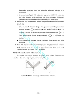 memberikan gaya yang sama dan berlawanan arah pada roda gigi B di
            countershaft.
       •    Untuk countershaft pada DBB c, diperoleh gaya tangensial 4444 lb pada roda
            gigi C agar seimbang dengan gaya pada roda gigi B. Roda gigi C memberikan
            gaya yang sama dan berlawanan arah pada roda gigi D di mainshfat.
   3. Menentukan gaya pada bantalan dengan menggunakan kesetimbangan momen
       (   ∑M = 0)
       •    Untuk mainshaft dilakukan dengan menggunakan kesetimbangan momen
            terhadap bantalan I:   ∑M   I   = 0 (2667 lb )(2 in ) − (4444 lb )(7 in ) + (FII )(9 in ) = 0

            diperoleh FII= 2864 lb. Dengan menggunakan kesetimbangan gaya                     ∑F = 0
           ht


            (atau kesetimbangan momen terhadap bantalan II                ∑M          = 0) diperoleh FI=
              tp


                                                                                 II

            1087 lb.
                ://


       •    Untuk countershaft dilakukan dengan cara yang sama dengan cara pada
                   ru


            mainshaft.
                             m


   4. Pada DBB d pada rumah transmisi terdapat gaya dari poros melewati bantalan
       yang besarnya sama dan berlawanan arah dengan gaya pada poros yang
                              ah


       melewati bantalan yang ada di DBB b dan DBB c.
                                -b


3.9. Studi Kasus VII: Analisis Beban Internal
                                  el


       Dua contoh load-carrying member ditunjukkan pada gambar. Tentukan dan
                                     aj


tunjukkan beban yang ada pada potongan melintang A-A.
                                        a                        r.o
                                                                         rg




                Gambar 3. 13 Beban yang bekerja pada bagian dalam komponen




                                                3-16
 