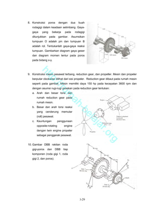 8. Konstruksi     poros     dengan       dua   buah
   rodagigi dalam keadaan setimbang. Gaya-
   gaya    yang        bekerja     pada     rodagigi
   ditunjukkan    pada     gambar.        Asumsikan
   tumpuan O adalah pin dan tumpuan B
   adalah rol. Tentukanlah gaya-gaya reaksi
   tumpuan. Gambarkan diagram gaya geser
   dan diagram momen lentur pada poros
   pada bidang x-y.
          ht


9. Konstruksi mesin pesawat terbang, reduction gear, dan propeller. Mesin dan propeler
             tp


   berputar clockwise dilihat dari sisi propeler. Reduction gear dibaut pada rumah mesin
               ://


   seperti pada gambat. Mesin memiliki daya 150 hp pada kecepatan 3600 rpm dan
   dengan asumsi rugi-rugi gesekan pada reduction gear tentukan:
                  ru


   a. Arah dan besar torsi dari
                                 m


       rumah reduction gear pada
                                  ah


       rumah mesin.
   b. Besar dan arah torsi reaksi
                                    -b


       yang     cenderung        memutar
                                      el


       (roll) pesawat.
                                         aj


   c. Keuntungan           penggunaan
       opposite-rotating          engine
                                            a          r.o


       dengan twin engine propeler
       sebagai penggerak pesawat.
                                                              rg


10. Gambar DBB rakitan roda
   gigi-poros    dan     DBB      tiap
   komponen (roda gigi 1, roda
   gigi 2, dan poros).




                                               3-29
 