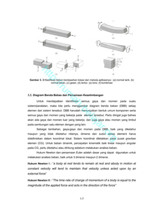 ht
           tp


 Gambar 3. 3 Klasifikasi beban berdasarkan lokasi dan metoda aplikasinya : (a) normal tarik, (b)
             ://


                    normal tekan, (c) geser, (d) lentur, (e) torsi, (f) kombinasi
                ru
                              m


3.2. Diagram Benda Bebas dan Persamaan Kesetimbangan
                               ah


       Untuk    mendapatkan      identifikasi    semua    gaya    dan   momen      pada    suatu
sistem/peralatan, maka kita perlu menggambar diagram benda beban (DBB) setiap
                                 -b


elemen dari sistem tersebut. DBB haruslah menunjukkan bentuk umum komponen serta
                                   el


semua gaya dan momen yang bekerja pada elemen tersebut. Perlu diingat juga bahwa
akan ada gaya dan momen luar yang bekerja, dan juga gaya atau momen yang timbul
                                      aj


pada sambungan satu elemen dengan yang lain.
                                         a


       Sebagai tambahan, gaya-gaya dan momen pada DBB, baik yang diketahui
                                                             r.o


maupun yang tidak diketahui nilainya, dimensi dan sudut setiap element harus
                                                                     rg


didefinisikan dalam koordinat lokal. Sistem koordinat diletakkan pada pusat gravitasi
elemen (CG). Untuk beban dinamik, percepatan kinematik baik linear maupun angular
pada CG, perlu diketahui atau dihitung sebelum melakukan analisis beban.
       Hukum Newton dan persamaan Euler adalah dasar yang dapat digunakan untuk
melakukan analisis beban, baik untuk 3 dimensi maupun 2 dimensi.

Hukum Newton I : “a body at rest tends to remain at rest and abody in motion at
constant velocity will tend to maintain that velocity unless acted upon by an
external force”

Hukum Newton II : “The time rate of change of momentum of a body is equal to the
magnitude of the applied force and acts in the direction of the force”



                                                3-3
 