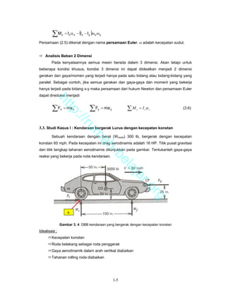 ∑M      z              (        )
                    = Iz α z − I x − I y ω x ω y

Persamaan (2.5) dikenal dengan nama persamaan Euler. ω adalah kecepatan sudut.


    Analisis Beban 2 Dimensi
        Pada kenyataannya semua mesin berada dalam 3 dimensi. Akan tetapi untuk
beberapa kondisi khusus, kondisi 3 dimensi ini dapat diidealkan menjadi 2 dimensi
gerakan dan gaya/momen yang terjadi hanya pada satu bidang atau bidang-bidang yang
paralel. Sebagai contoh, jika semua gerakan dan gaya-gaya dan moment yang bekerja
hanya terjadi pada bidang x-y maka persamaan dari hukum Newton dan persamaan Euler
dapat direduksi menjadi
         ht


        ∑F          = ma x             ∑F        = ma y         ∑M       = I zα z   (3.6)
            tp


               x                             y                       z
              ://
                 ru


3.3. Studi Kasus I : Kendaraan bergerak Lurus dengan kecepatan konstan
                                     m


        Sebuah kendaraan dengan berat (Wmobil) 300 lb, bergerak dengan kecepatan
                                      ah


konstan 60 mph. Pada kecepatan ini drag aerodinamis adalah 16 HP. Titik pusat gravitasi
dan titik tangkap tahanan aerodinamis ditunjukkan pada gambar. Tentukanlah gaya-gaya
                                        -b


reaksi yang bekerja pada roda kendaraan.
                                          el
                                             aj
                                                a                    r.o
                                                                               rg



                     A

               Gambar 3. 4 DBB kendaraan yang bergerak dengan kecepatan konstan
Idealisasi :
        Kecepatan konstan
        Roda belakang sebagai roda penggerak
        Gaya aerodinamik dalam arah vertikal diabaikan
        Tahanan rolling roda diabaikan




                                                          3-5
 