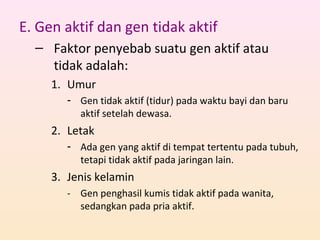 E. Gen aktif dan gen tidak aktif
– Faktor penyebab suatu gen aktif atau
tidak adalah:
1. Umur
- Gen tidak aktif (tidur) pada waktu bayi dan baru
aktif setelah dewasa.
2. Letak
- Ada gen yang aktif di tempat tertentu pada tubuh,
tetapi tidak aktif pada jaringan lain.
3. Jenis kelamin
- Gen penghasil kumis tidak aktif pada wanita,
sedangkan pada pria aktif.
 