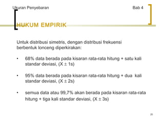 20 
Ukuran Penyebaran Bab 4 
HUKUM EMPIRIK 
Untuk distribusi simetris, dengan distribusi frekuensi 
berbentuk lonceng diperkirakan: 
• 68% data berada pada kisaran rata-rata hitung + satu kali 
standar deviasi, (X ± 1s) 
• 95% data berada pada kisaran rata-rata hitung + dua kali 
standar deviasi, (X ± 2s) 
• semua data atau 99,7% akan berada pada kisaran rata-rata 
hitung + tiga kali standar deviasi, (X ± 3s) 
 