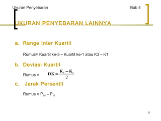 23 
Ukuran Penyebaran Bab 4 
UKURAN PENYEBARAN LAINNYA 
a. Range Inter Kuartil 
Rumus= Kuartil ke-3 – Kuartil ke-1 atau K3 – K1 
b. Deviasi Kuartil 
Rumus = 
c. Jarak Persentil 
Rumus = P90 – P10 
K K 
DK 
- 
= 3 1 
2 
 