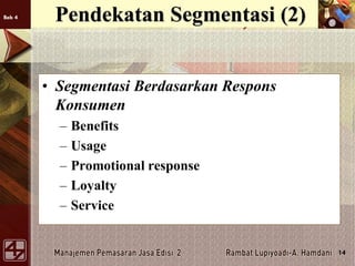 Bab 4
14
Pendekatan Segmentasi (2)
• Segmentasi Berdasarkan Respons
Konsumen
– Benefits
– Usage
– Promotional response
– Loyalty
– Service
 