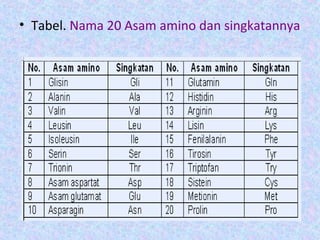 • Tabel. Nama 20 Asam amino dan singkatannya
 