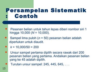 Persampelan Sistematik
     : Contoh

     Pesanan belian untuk tahun lepas diberi nombor siri 1
      hingga 10,000 (N = 10,000).
    Sampel lima puloh (n = 50) pesanan belian adalah
     diperlukan untuk diaudit.
     k = 10,000/50 = 200
     Unsur sampel pertama dipilih secara rawak dari 200
      pesanan belian yang pertama. Andaikan pesanan belian
      yang ke 45 adalah dipilih.
      Turutan unsur sampel: 245, 445, 645, . . .
15
 