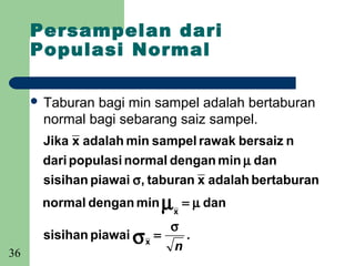 Persampelan dari
     Populasi Normal

      Taburanbagi min sampel adalah bertaburan
      normal bagi sebarang saiz sampel.
      Jika x adalah min sampel rawak bersaiz n
      dari populasi normal dengan min µ dan
      sisihan piawai σ, taburan x adalah bertaburan
      normal dengan min µ = µ dan
                             x
                             σ
      sisihan piawai σ x =       .
36
                             n
 