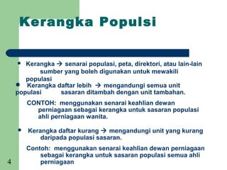 Kerangka Populsi


      Kerangka  senarai populasi, peta, direktori, atau lain-lain
           sumber yang boleh digunakan untuk mewakili
       populasi
     Kerangka daftar lebih  mengandungi semua unit
    populasi     sasaran ditambah dengan unit tambahan.
        CONTOH: menggunakan senarai keahlian dewan
          perniagaan sebagai kerangka untuk sasaran populasi
          ahli perniagaan wanita.

       Kerangka daftar kurang  mengandungi unit yang kurang
            daripada populasi sasaran.
        Contoh: menggunakan senarai keahlian dewan perniagaan
            sebagai kerangka untuk sasaran populasi semua ahli
4           perniagaan
 