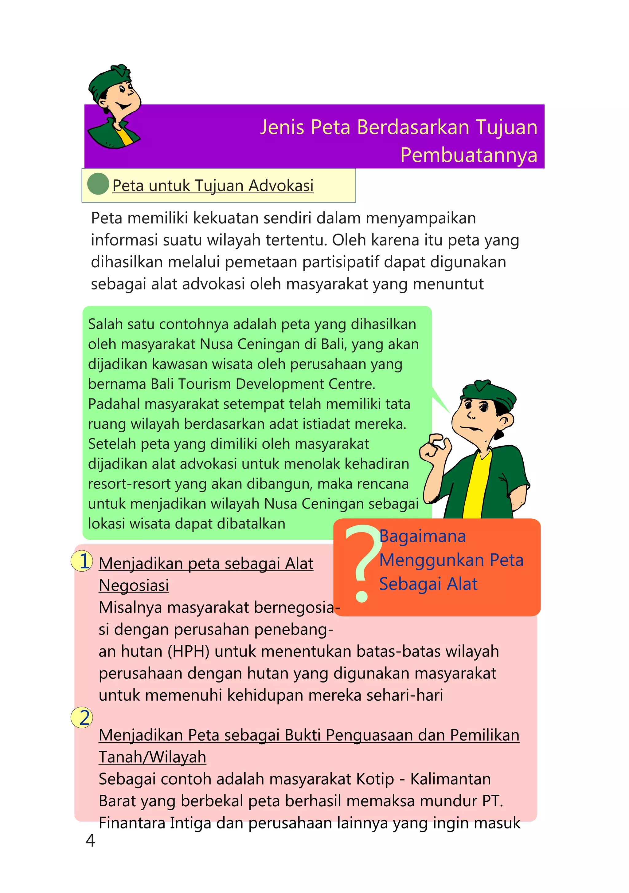Jenis Peta Berdasarkan Tujuan
Pembuatannya
Peta memiliki kekuatan sendiri dalam menyampaikan
informasi suatu wilayah tertentu. Oleh karena itu peta yang
dihasilkan melalui pemetaan partisipatif dapat digunakan
sebagai alat advokasi oleh masyarakat yang menuntut
Salah satu contohnya adalah peta yang dihasilkan
oleh masyarakat Nusa Ceningan di Bali, yang akan
dijadikan kawasan wisata oleh perusahaan yang
bernama Bali Tourism Development Centre.
Padahal masyarakat setempat telah memiliki tata
ruang wilayah berdasarkan adat istiadat mereka.
Setelah peta yang dimiliki oleh masyarakat
dijadikan alat advokasi untuk menolak kehadiran
resort-resort yang akan dibangun, maka rencana
untuk menjadikan wilayah Nusa Ceningan sebagai
lokasi wisata dapat dibatalkan
?
Bagaimana
Menggunkan Peta
Sebagai Alat
Menjadikan peta sebagai Alat
Negosiasi
Misalnya masyarakat bernegosia-
si dengan perusahan penebang-
an hutan (HPH) untuk menentukan batas-batas wilayah
perusahaan dengan hutan yang digunakan masyarakat
untuk memenuhi kehidupan mereka sehari-hari
Menjadikan Peta sebagai Bukti Penguasaan dan Pemilikan
Tanah/Wilayah
Sebagai contoh adalah masyarakat Kotip - Kalimantan
Barat yang berbekal peta berhasil memaksa mundur PT.
Finantara Intiga dan perusahaan lainnya yang ingin masuk
1
2
Peta untuk Tujuan Advokasi
4
 