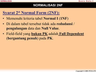 Copyright © 2005 PENS-ITS
B a s i s D a t a - 1
NORMALISASI
NORMALISASI 2NF
Syarat 2st Normal Form (2NF):
• Memenuhi kriteria tabel Normal I (1NF)
• Di dalam tabel tersebut tidak ada redudansi /
pengulangan data dan Null Value.
• Field-field yang bukan PK adalah Full Dependent
(bergantung penuh) pada PK.
 