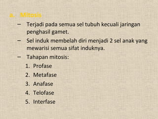 a. Mitosis
– Terjadi pada semua sel tubuh kecuali jaringan
penghasil gamet.
– Sel induk membelah diri menjadi 2 sel anak yang
mewarisi semua sifat induknya.
– Tahapan mitosis:
1. Profase
2. Metafase
3. Anafase
4. Telofase
5. Interfase
 