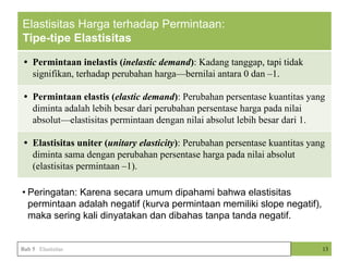 Elastisitas Harga terhadap Permintaan:
Tipe-tipe Elastisitas
• Permintaan inelastis (inelastic demand): Kadang tanggap, tapi tidak
signifikan, terhadap perubahan harga—bernilai antara 0 dan –1.
• Permintaan elastis (elastic demand): Perubahan persentase kuantitas yang
diminta adalah lebih besar dari perubahan persentase harga pada nilai
absolut—elastisitas permintaan dengan nilai absolut lebih besar dari 1.
• Elastisitas uniter (unitary elasticity): Perubahan persentase kuantitas yang
diminta sama dengan perubahan persentase harga pada nilai absolut
(elastisitas permintaan –1).
13
Bab 5 Elastisitas
• Peringatan: Karena secara umum dipahami bahwa elastisitas
permintaan adalah negatif (kurva permintaan memiliki slope negatif),
maka sering kali dinyatakan dan dibahas tanpa tanda negatif.
 