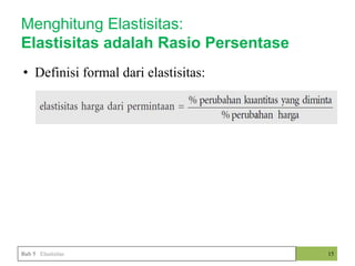 • Definisi formal dari elastisitas:
15
Menghitung Elastisitas:
Elastisitas adalah Rasio Persentase
Bab 5 Elastisitas
 