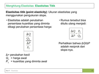 • Rumus tersebut bisa
ditulis ulang menjadi:
Perhatikan bahwa ΔQ/ΔP
adalah resiprok dari
slope-nya.
• Elastisitas adalah perubahan
persentase kuantitas yang diminta
dibagi perubahan persentase harga:
Δ= perubahan kecil
Q1
= harga awal
P1
= kuantitas yang diminta awal
Elastisitas titik (point elasticity): Ukuran elastisitas yang
menggunakan pengukuran slope.
Menghitung Elastisitas: Elastisitas Titik
17
Bab 5 Elastisitas
 