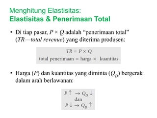 • Di tiap pasar, P × Q adalah “penerimaan total”
(TR—total revenue) yang diterima produsen:
• Harga (P) dan kuantitas yang diminta (QD
) bergerak
dalam arah berlawanan:
Menghitung Elastisitas:
Elastisitas & Penerimaan Total
 