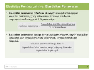 Elastisitas Penting Lainnya: Elastisitas Penawaran
• Elastisitas penawaran (elasticity of supply) mengukur tanggapan
kuantitas dari barang yang ditawarkan, terhadap perubahan
harganya—cenderung positif di pasar output.
• Elastisitas penawaran tenaga kerja (elasticity of labor supply) mengukur
tanggapan dari tenaga kerja yang ditawarkan, terhadap perubahan
harganya.
25
Bab 5 Elastisitas
 