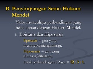 B. Penyimpangan Semu Hukum
Mendel
- Yaitu munculnya perbandingan yang
tidak sesuai dengan Hukum Mendel.
1. Epistasis dan Hipostasis
- Epistasis = gen yang
menutupi/menghalangi.
- Hipostasis = gen yang
ditutupi/dihalangi.
- Hasil perbandingan F2nya = 12 : 3 : 1.
 