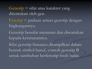 - Genotip = sifat atau karakter yang
ditentukan oleh gen.
- Fenotip = paduan antara genotip dengan
lingkungannya.
- Genotip bersifat menurun dan diwariskan
kepada keturunannya.
- Sifat genotip biasanya ditampilkan dalam
bentuk simbol huruf, contoh genotip B
untuk tumbuhan berfenotip buah bulat.
 